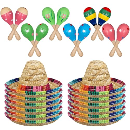 LYCN Maracas aus Holz, inkl. Mini-Sombrero-Zylinderhut, mexikanische Fiesta-Party-Dekorationen für Halloween, Karneval, 24 Stück LYCN Maracas aus Holz, inkl. Mini-Sombrero-Zylinderhut, mexikanische Fiesta-Party-Dekorationen für Halloween, Karneval, 24 Stück von LYCN