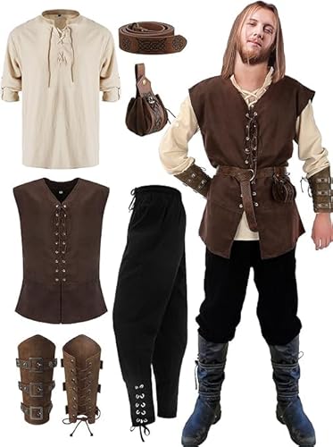 LYCN Renaissance-Kostüm-Set für Herren, 6-teilig, mit mittelalterlicher Weste, Hemd, Knöchelhose, Wikingergürtel, Armbandtasche LYCN Renaissance-Kostüm-Set für Herren, 6-teilig, mit mittelalterlicher Weste, Hemd, Knöchelhose, Wikingergürtel, Armbandtasche von LYCN