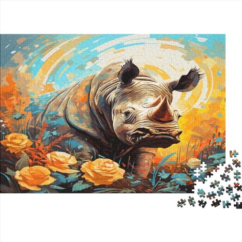 Flower Rhinozeros 300 Teile Jigsaw Puzzles Für Erwachsene Schwieriges Schweres AI Animals Jigsaw Puzzle Für Frauen Männer Premium Präzise Interlocking Herausforderndes Spiel Lernspiel 300pcs (40x28cm von LYCREW