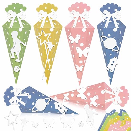 LYLIDIA Schultüte Klein 26cm, 12 Stück Zuckertüte Kleine Geschwister Schultüte zum Befüllen 4 Muster Geschwisterschultüte Bastelset für die Einschulung zum Schulanfang & Geschenkverpackung von LYLIDIA
