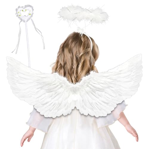 LYNBLY Engelsflügel Weiß, Federflügel Engel, Engel Kostüm Damen mit Zauberstab und Heiligenschein, 65CM Engel Flügel Kostüm für Karneval Halloween Cosplay Party Fasching Kostüme Deko von LYNBLY