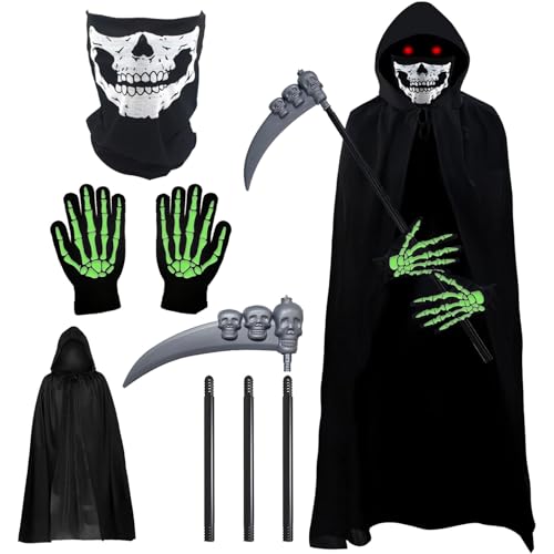 LYNBLY Sensenmann kostüm, Sensemann Umhang Set, Reaper Kostüm mit Totenkopf Gesichts Handtuch, Skelett Handschuhe, Sense, Sensenmann Umhang mit Kapuze für Party Halloween Karneval Cosplay von LYNBLY