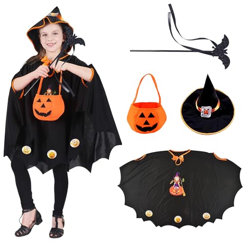 LYNBLY Halloween Kostüm Kinder, Kinderkostüm Fledermaus, Halloween Fledermaus Umhang mit Hut, Kürbis Candy Bag und Zauberstab, für Halloween, Karneval, Bühnenperformance, für Höhe 90-150cm von LYNBLY