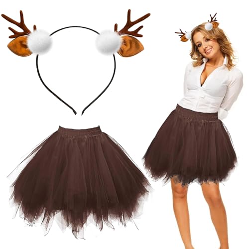 LYNBLY Rentier Kostüm Damen, Rentier Haarreif und Tüllrock, Geweih Kostüm, Rentier Karneval Damenkostüm, Reh Kostüm Tierkostüm Erwachsene für Halloween Karneval Cosplay von LYNBLY