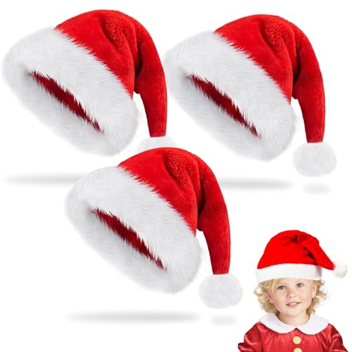 LYNBLY Weihnachtsmütze Kinder, 3 Stück Nikolausmütze Plüsch, Weihnachtsmann Mütze Rot für Mädchen Jungen, für Weihnachtsfeier, festliche Partys im neuen Jahr, Weihnachtszubehör von LYNBLY