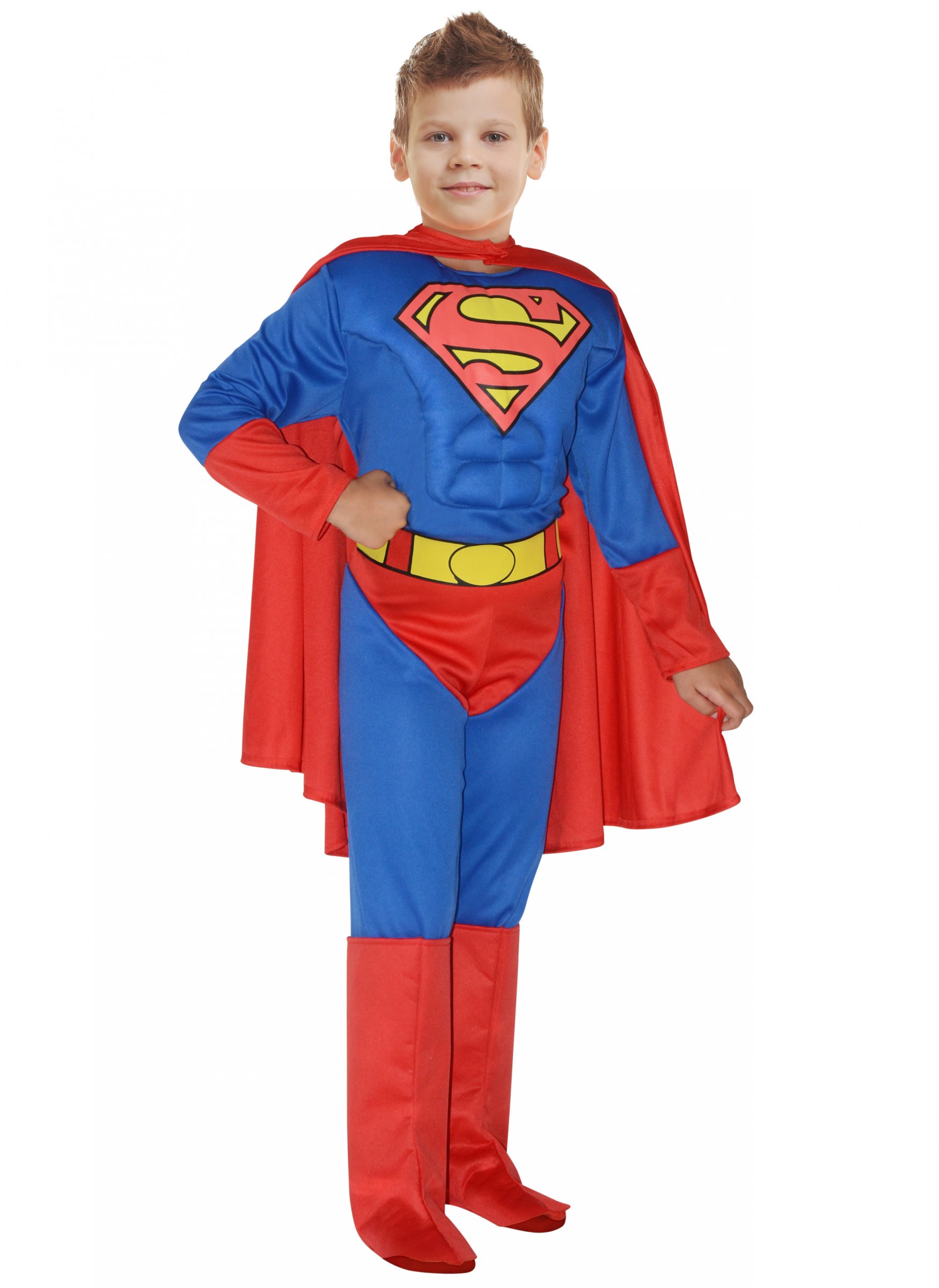 Superstarkes Superman-Kostüm für Jungen mit Muskeln rot-blau-gelb von KARNEVAL-MEGASTORE