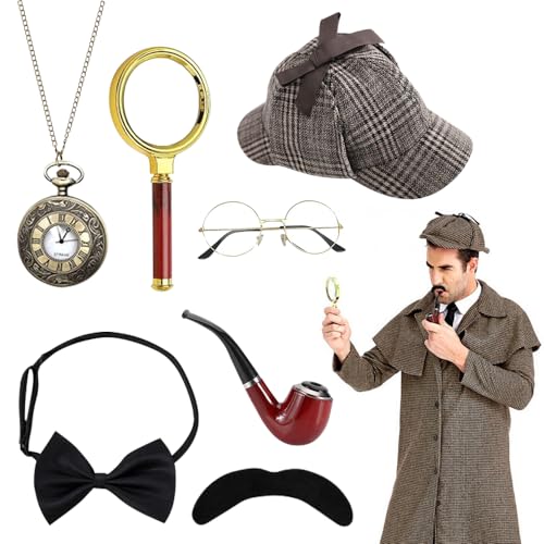 7PCS Detektiv Kostüm Zubehör Set,Sherlock Holmes Kostüm Accessoires,1920er Jahre Detektiv Kostüm,Detektiv Cosplay Requisiten,für Kinder Erwachsenen Halloween Cosplay Karneval Maskerade Dress up Party von LYPPUL