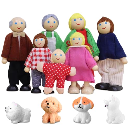 LYPPUL 11 Stück Puppenhaus Puppen, Puppenhaus Figuren mit 4 Hund, Biegepuppen, Puppenfamilien für Kinder, Zubehör für Kinder Spiel Haus Geschenk,für Puppenhaus Zubehör Geschenk für Puppenhäuseraus von LYPPUL