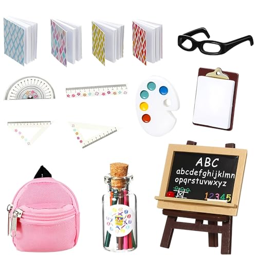 LYPPUL 22 Stück Wichtel Zubehör Schule, 1:12 Puppenhaus Mini Schule Zubehör, Miniaturpuppe Schulbedarf, Miniatur Buchrucksack Lineal Stift Kreidetafel Set Lehrmittel Für Kreative Lernaktivitäten von LYPPUL