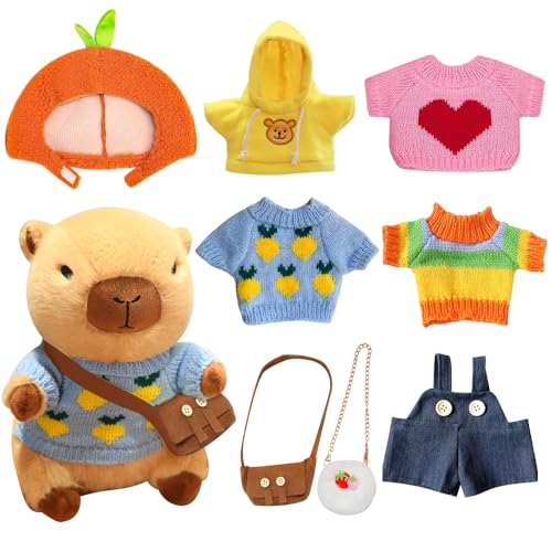 LYPPUL 9pcs Capybara Plüschtier, 23CM Capybara Kuscheltier mit Kleidung und Accessoires, Capybara-Stofftier mit Hut, Kinder-Plüschpuppenspielzeug, Anziehspielzeug Für Mädchen Jungen Home Deko von LYPPUL