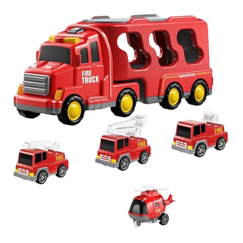 LYPPUL Feuerwehrauto Spielzeug, 5 In 1 Autotransporter Spielzeug, Kinder Träger Feuerwehrautos Autos mit Licht und Musik für Jungen und Mädchen Geburtstagsgeschenke Weihnachts Neujahrsgeschenk von LYPPUL
