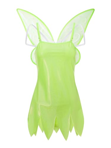 Damen Grünes Elfen-Slipkleid, ärmellos, Cami-Minikleid, Feen-Cosplay-Kostüm mit Schmetterlingsflügeln, Halloween-Outfits (E-a-Green, S) von LYSINK