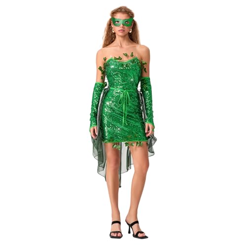 Halloween-Kostüm für Damen, Motiv: Blätter, Efeu, Pailletten, trägerlos, kurzes Kleid mit Netzrock, Armärmeln, Brille, Cosplay, Party-Outfits (01 Grün, M) von LYSINK