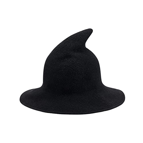 Hexenhut für Damen, breite Krempe, spitz, gestrickt, Wolle, Wiard-Hut, Kostüm, Halloween, Cosplay, Party-Zubehör (Schwarz, Einheitsgröße) von LYSINK