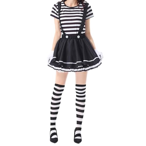 LYSINK Clown-Kostüme für Damen, schwarz-weiß gestreiftes Oberteil, Strapsrock, Handschuhe und Baskenmütze, Set für Halloween, Cosplay, Kostüm, Outfit (A-a-Schwarz, S) von LYSINK