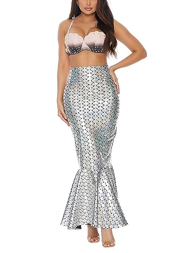 LYSINK Damen Halloween Meerjungfrau Kostüm Hohe Taille Bodycon Fischschwanz Maxirock Cosplay Rollenspiel Party Outfits (A-Silber, L) von LYSINK