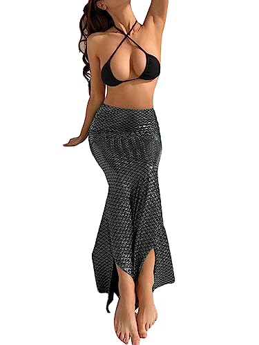 LYSINK Damen Halloween Meerjungfrau Kostüm Hohe Taille Bodycon Fischschwanz Maxirock Cosplay Rollenspiel Party Outfits (B-Black, S) von LYSINK