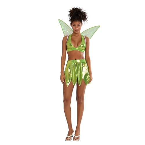 LYSINK Halloween-Kostüm für Damen, Waldfee, Glitzer, trägerloses Minikleid mit Feenflügeln, Set, Fee, Cosplay, Outfits (Be Hellgrün, M) von LYSINK