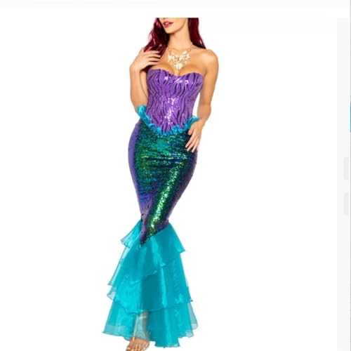 LYSINK Halloween-Kostüm für Damen, trägerlos, Schlauch-Top, Rüschen, Pailletten, langer Schwanz, Kostüm, Meerjungfrau, Cosplay, Bühnenkostüme (Ba Blau, S) von LYSINK
