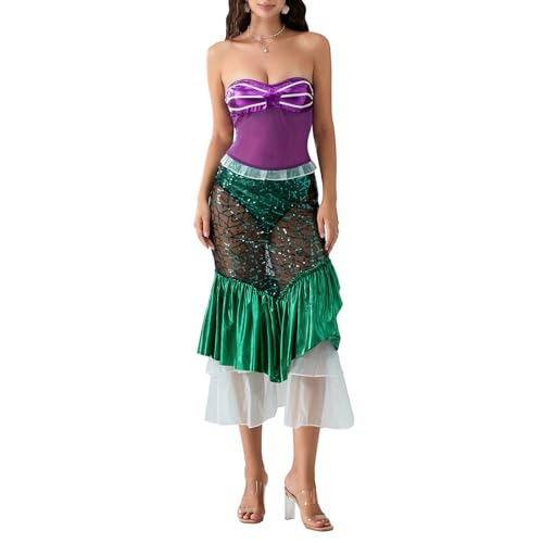 LYSINK Halloween-Kostüm für Damen, trägerlos, Schlauch-Top, Rüschen, Pailletten, langer Schwanz, Kostüm, Meerjungfrau, Cosplay, Bühnenkostüme (Ba-Grün, M) von LYSINK