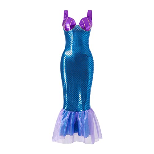 LYSINK Halloween-Meerjungfrauenkleid, trägerlos, Schlauch-Top, Rüschen, Pailletten, langer Schwanz, Kostüm, Meerjungfrau, Cosplay, Bühnenkostüme (Bb Blau Lila, M) von LYSINK