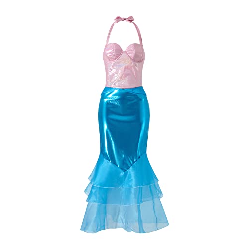 LYSINK Halloween-Meerjungfrauenkleid, trägerlos, Schlauch-Top, Rüschen, Pailletten, langer Schwanz, Kostüm, Meerjungfrau, Cosplay, Bühnenkostüme (Bb Pink Blau, L) von LYSINK