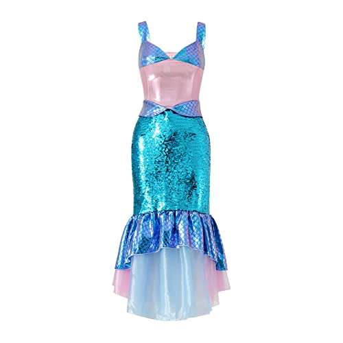 LYSINK Halloween-Meerjungfrauenkleid, trägerlos, Schlauch-Top, Rüschen, Pailletten, langer Schwanz, Kostüm, Meerjungfrau, Cosplay, Bühnenkostüme (Bb Purple Blue, S) von LYSINK