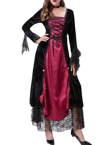 LYSINK Halloween-Vampir-Kostüm für Damen, Vintage-Hexenkleid, mittelalterlicher Hof, Partykleider, Renaissance-Kostüm (A-a-rot, M) von LYSINK
