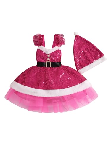 LYSINK Kinder Mädchen Weihnachten Outfit Ärmellos Rückenfrei Pailletten Patchwork Slip Kleid mit Hut für Cosplay Party (A-Rose Rot, 18-24 Monate) von LYSINK