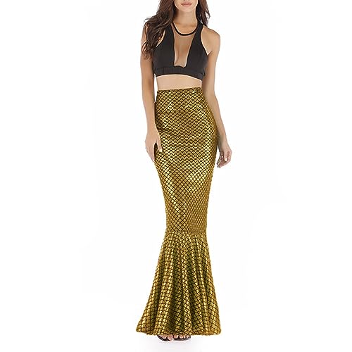 LYSINK Meerjungfrauenrock für Damen, langer Schwanz, Halloween, Cosplay, Kostüm, hohe Taille, figurbetont, Pailletten-Maxirock mit Netzeinsatz (Be Gold, L) von LYSINK