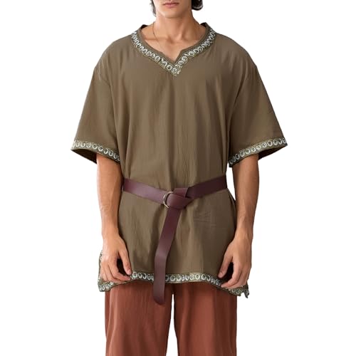 LYSINK Mittelalterliches Renaissance-Kostüm für Herren, Tempel, Wikinger, Ritter, Pirat, Vintage-Tunika, Hemd, ohne Gürtel, Halloween, Cosplay, Party-Outfits (05 Kaffee, XXL) von LYSINK