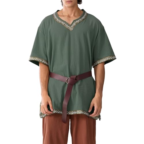 LYSINK Mittelalterliches Renaissance-Kostüm für Herren, Tempel-, Wikingerritter, Pirat, Vintage-Tunika, Hemd, ohne Gürtel, Halloween, Cosplay, Party-Outfits (03Armeegrün, M) von LYSINK