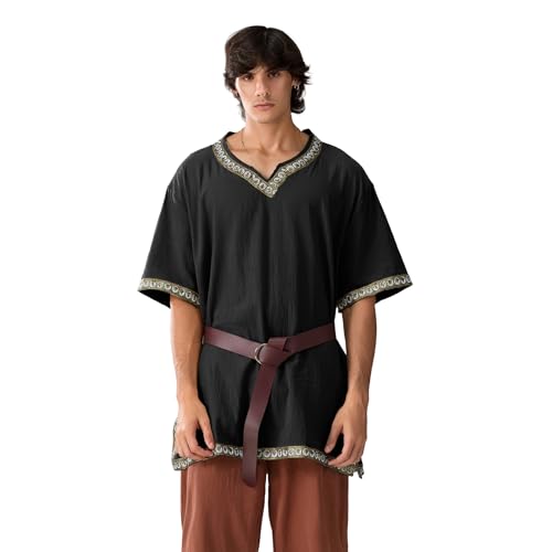 LYSINK Mittelalterliches Renaissance-Kostüm für Herren, Tempel-, Wikingerritter-, Piraten-, Vintage-Tunika, Hemd, ohne Gürtel, Halloween, Cosplay, Party-Outfits (01 Schwarz, XXL) von LYSINK