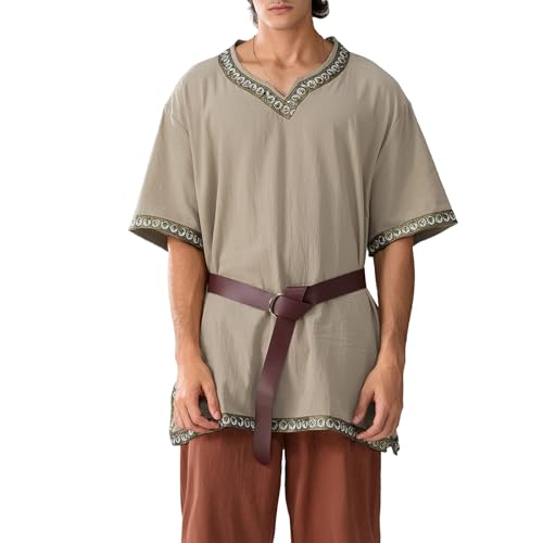 LYSINK Mittelalterliches Renaissance-Kostüm für Herren, Tempel-, Wikingerritter-, Piraten-, Vintage-Tunika, Hemd, ohne Gürtel, Halloween, Cosplay, Party-Outfits (02Khaki, M) von LYSINK