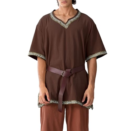 LYSINK Mittelalterliches Renaissance-Kostüm für Herren, Tempel-, Wikingerritter-, Piraten-, Vintage-Tunika, Hemd, ohne Gürtel, Halloween, Cosplay, Party-Outfits (06 Dunkelbraun, M) von LYSINK