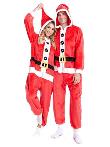 LYSINK Weihnachtsmann-Kostüm für Erwachsene, Flanell, volle Länge, mit Kapuze, Overall, Festival-Paar, Einteiler mit Kapuze, Cosplay-Outfits (01 Rot, XL) von LYSINK