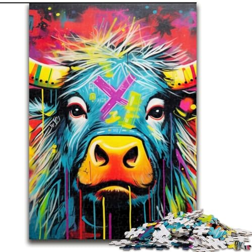1000-teiliges Puzzle „Graffiti-Malerei Yak“, Holzpuzzle, 50x75cm, interaktives Familienspiel, Heimdekoration zum Selbermachen, Denksport-Geschenk von LYXIANY