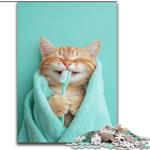 1000-teiliges Puzzle „Katze putzt Zähne“, aus Holz mit interaktivem Familienspiel, Kinder ab 14 Jahren, Größe 50x75cm von LYXIANY