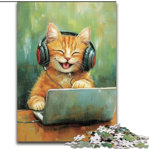 1000-teiliges Puzzle Katze hört Musik für Erwachsene und Jugendliche, Staycation Time Totschlag stärkt die Liebe zwischen Paaren (26x38cm) von LYXIANY