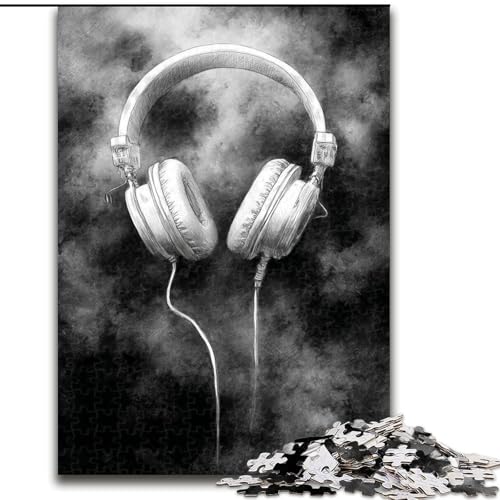 1000-teiliges Puzzle Schwarz-weiße Kopfhörer, kreatives Familienspiel und Heimdekoration, Teenager (Größe 26x38cm) von LYXIANY