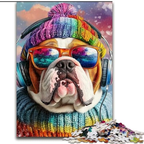 1000-teiliges Puzzle für Erwachsene, Geschenke, Bulldogge hört Musik, geeignet für Personen ab 14 Jahren, Lernspiele, Wichtelgeschenke (Größe 50x75cm) von LYXIANY