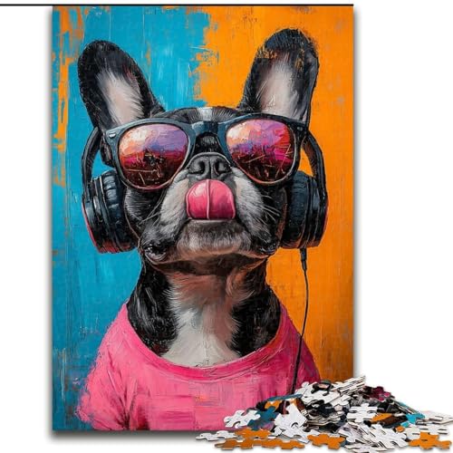 1000-teiliges Puzzle für Erwachsene und Jugendliche, Bulldogge hört Musik, Familienspiel zum Stressabbau, schwierige Herausforderung, stärkt die Liebe zwischen Paaren (Größe 26x38cm) von LYXIANY