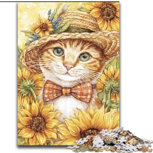 1000-teiliges Puzzle für Erwachsene und Jugendliche, Sonnenblumenkatze, anspruchsvoll und schwierig mit vollständig ineinandergreifenden, zufällig geformten Teilen (Größe 50x75cm) von LYXIANY