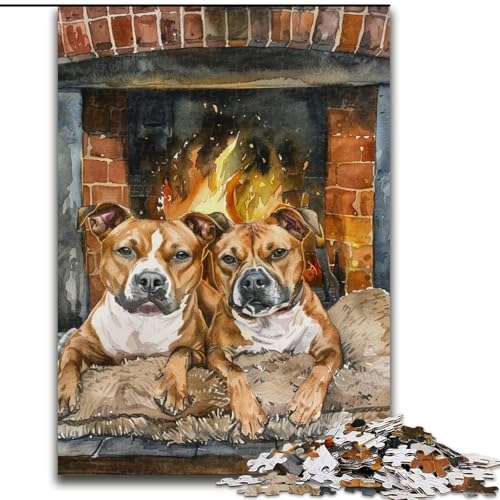 1000-teiliges Puzzle für Erwachsene und Jugendliche, Staffordshire Bullterrier am Feuer, Quizspiel zur Stärkung der Liebe zwischen Paaren für Kinder ab 14 Jahren (Größe 26x38cm) von LYXIANY