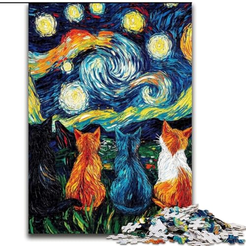 1000-teiliges Puzzle für Erwachsene und Jugendliche, Van Gogh, Nachthimmel-Katze, Spielzeug, Lernspiele, Stressabbau, einzigartige Heimdekoration und Geschenke (Größe 50x75cm) von LYXIANY