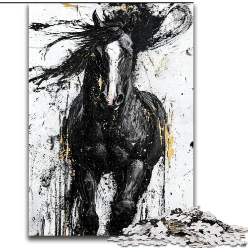 1000-teiliges Puzzle für Erwachsene und Jugendliche, schwarzes goldenes Pferd, dekomprimierendes intellektuelles Lernspielzeug, Geburtstagsgeschenk, 38x26cm von LYXIANY
