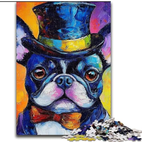 1000-teiliges Puzzle für Erwachsene und Teenager, Bulldogge mit Hut, Lernspiele, Heimdekoration ganze Familie (Größe 26x38cm) von LYXIANY
