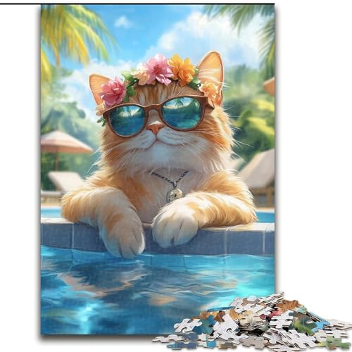 1000-teiliges Puzzle für Erwachsene und Teenager, Katze mit Sonnenbrille, Spielzeug, Lernspiele, stressabbauende Wanddekoration (Größe 26x38cm) von LYXIANY