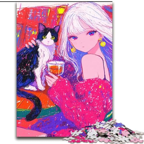 1000-teiliges Puzzle für Erwachsene und Teenager, Mädchen und Katze, Familienspiel zum Stressabbau, schwierige Herausforderung, stärkt die Liebe zwischen Paaren (Größe 50x75cm) von LYXIANY