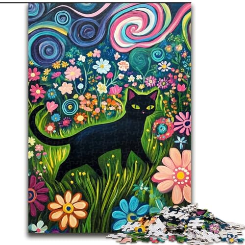1000-teiliges Puzzle für Erwachsene und Teenager, Schwarze Katze, die in den Blumen spazieren geht, Lernspielzeug, Familienspiele, Geschenke für Freunde und Familie (Größe 50x75cm) von LYXIANY